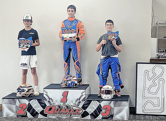 Cole Vetter wins at Quaker City Motorsports Park on 7/06/2025 and sports his new Custom Kart Suit from Zamp!