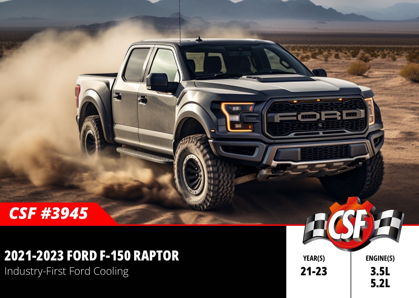 2021-2023 Ford F-150 Raptor driving on a dirt road with CSF logo and product details.