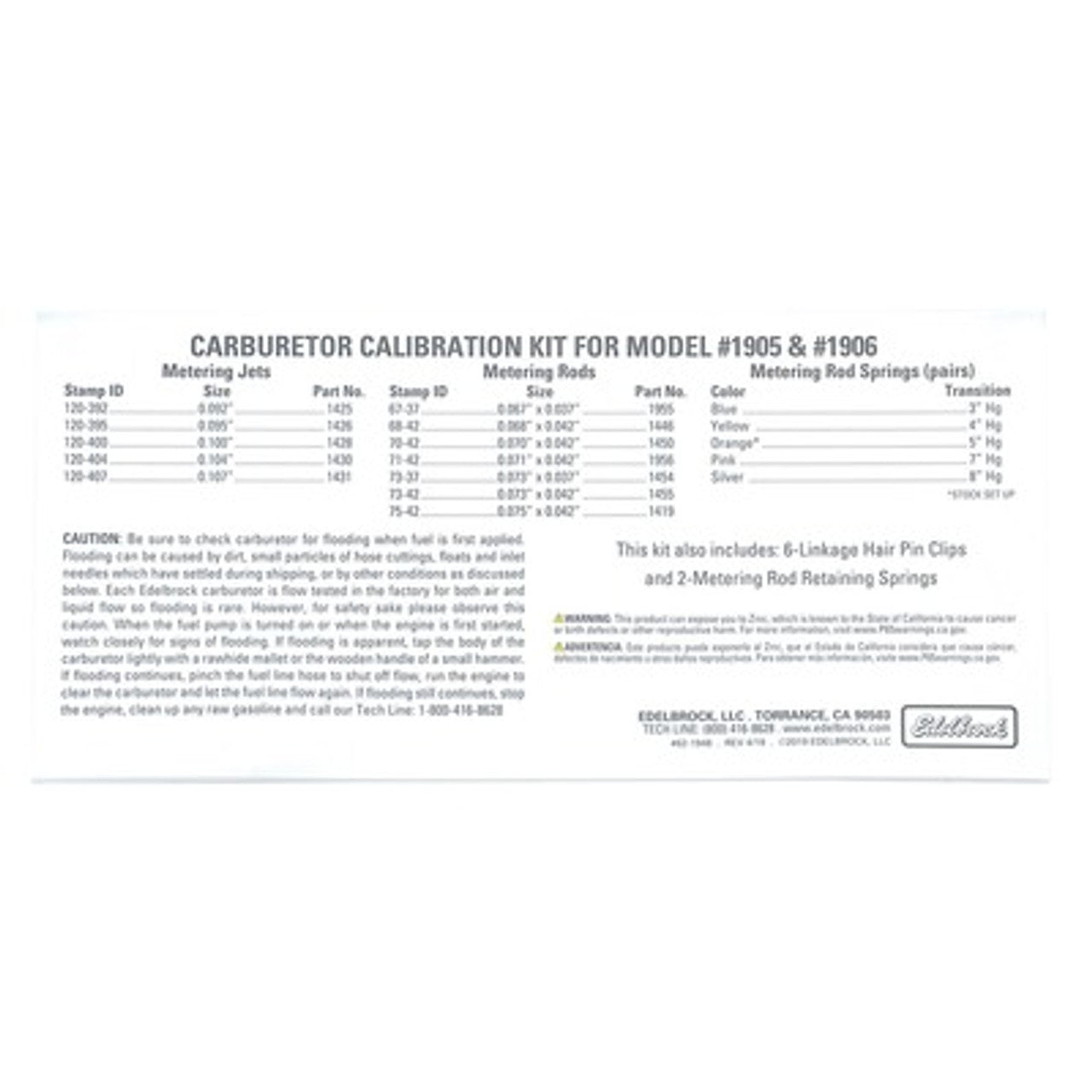 Carburetor Calibration Kit Label