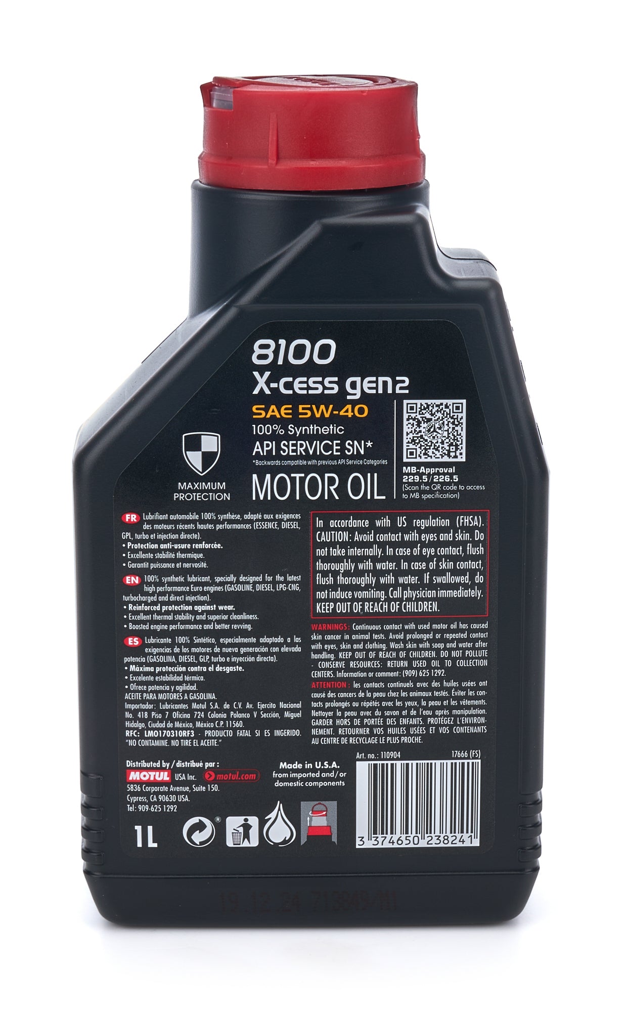 Motul 8100 X-cess Gen2 Synthetic Oil 5W-40 (back label)