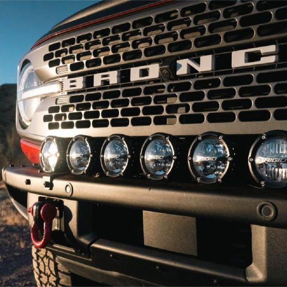 Close-up of a Ford Bronco grille with Rigid 360 Connect Light Bar Assembly