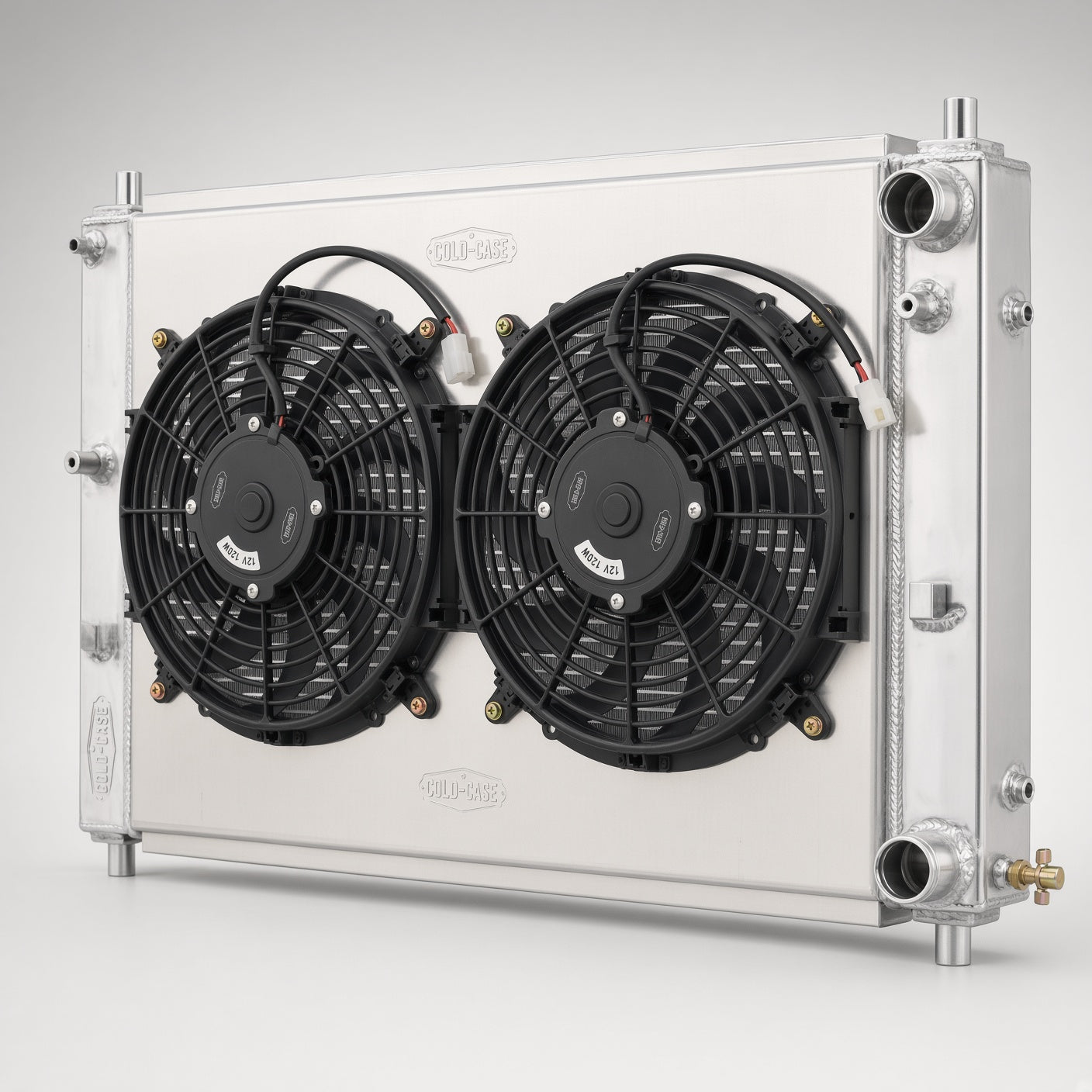 Cold Case Radiator and Fan LMM573-7K4, 97-04 Mustang (angle view)