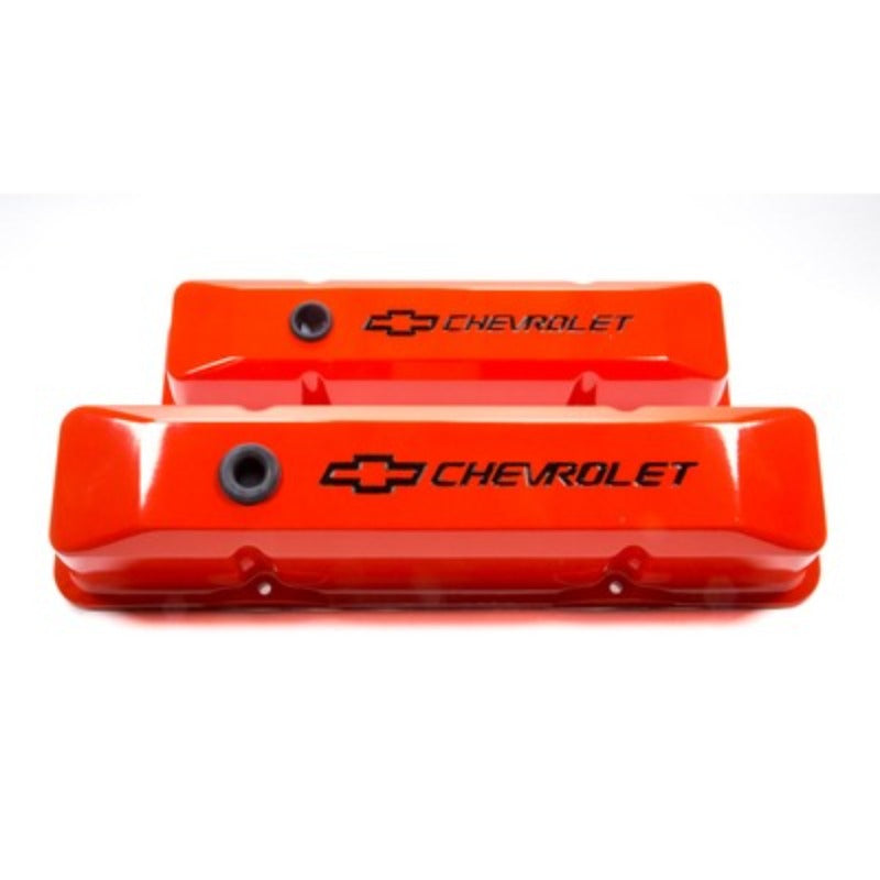 Small Block Chevy (SBC) Chevy Orange Diecast Valve Covers Recessed