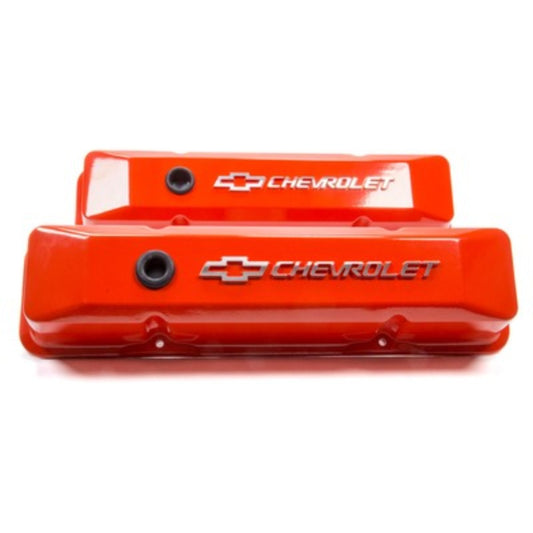 Small Block Chevy (SBC) Chevy Orange Diecast Valve Covers Raised Emblem