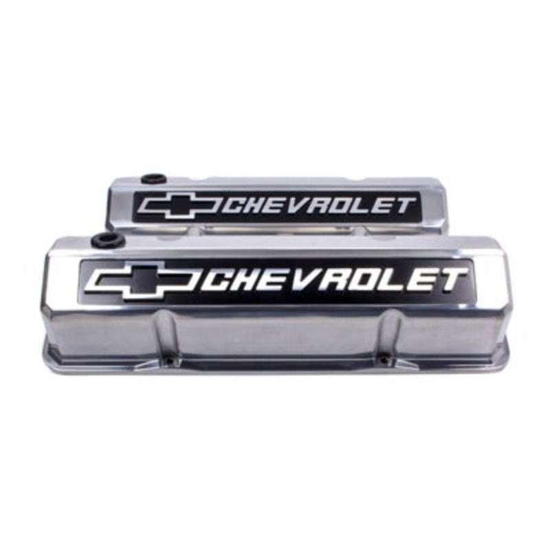 Small Block Chevy (SBC) Slant Edge Polished Valve Covers Tall Raised Logo