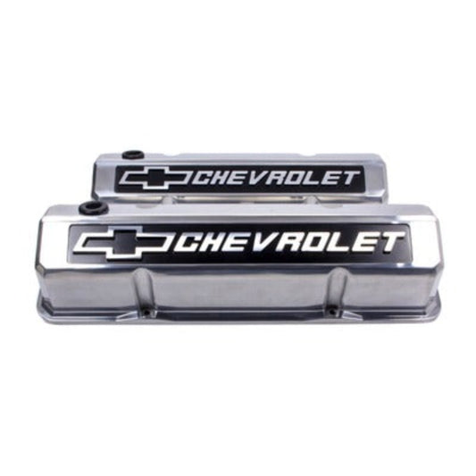 Small Block Chevy (SBC) Slant Edge Polished Valve Covers Tall Raised Logo