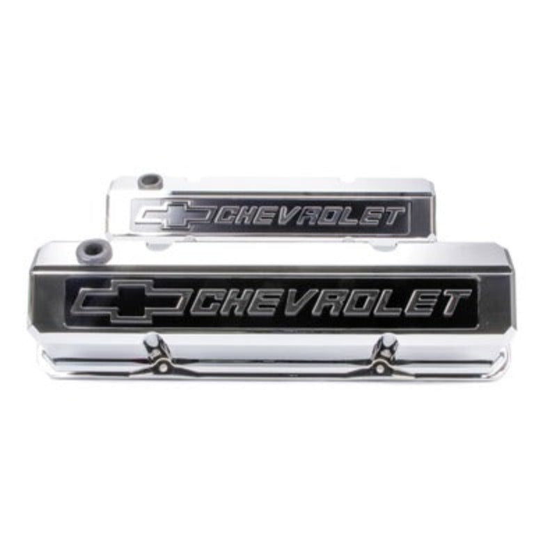 Small Block Chevy (SBC) Slant Edge Chrome Valve Covers Tall Raised Bowtie Logo