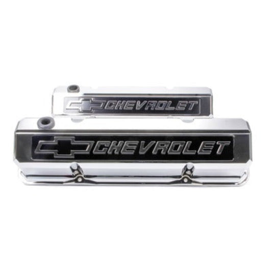 Small Block Chevy (SBC) Slant Edge Chrome Valve Covers Tall Raised Bowtie Logo