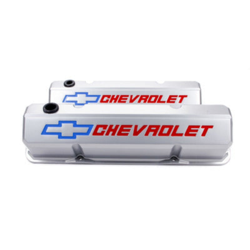 Small Block Chevy (SBC) Slant Edge Hi-Tech Gray Valve Covers Tall Recessed Bowtie Logo