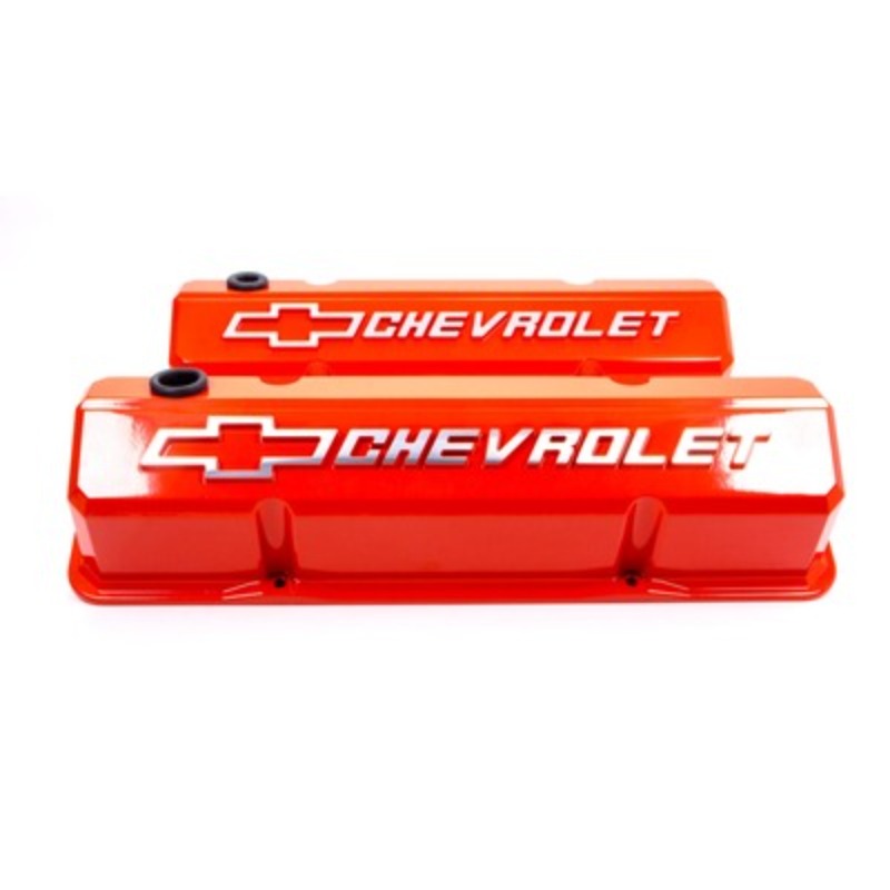 Small Block Chevy (SBC) Slant Edge Chevy Orange Valve Covers Tall Raised Bowtie Logo