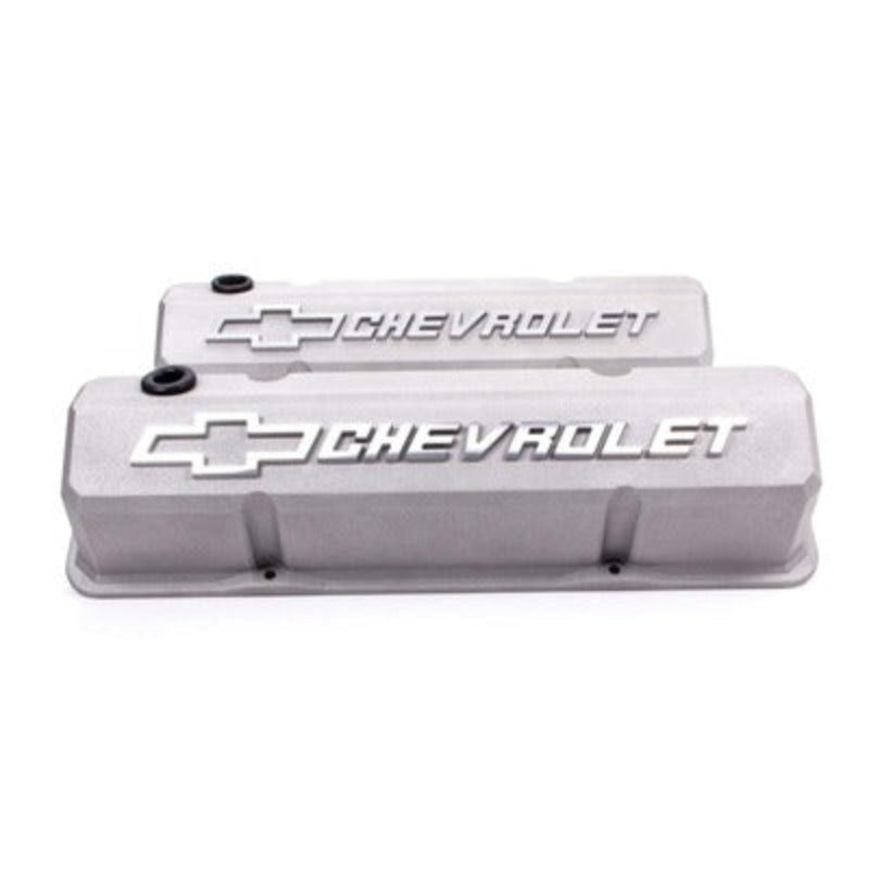 Small Block Chevy (SBC) Slant Edge Cast Gray Valve Covers Tall Raised Bowtie Logo