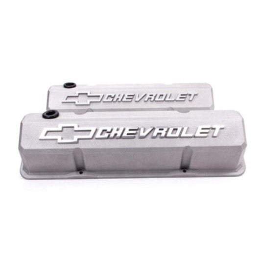Small Block Chevy (SBC) Slant Edge Cast Gray Valve Covers Tall Raised Bowtie Logo