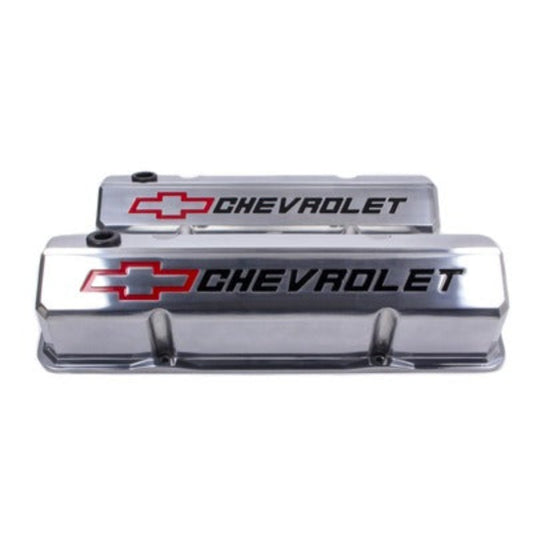 Small Block Chevy (SBC) Slant Edge Polished Valve Covers Tall Recessed Bowtie Logo