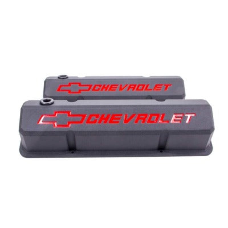 Small Block Chevy (SBC) Slant Edge Black Crinkle Valve Covers Tall
