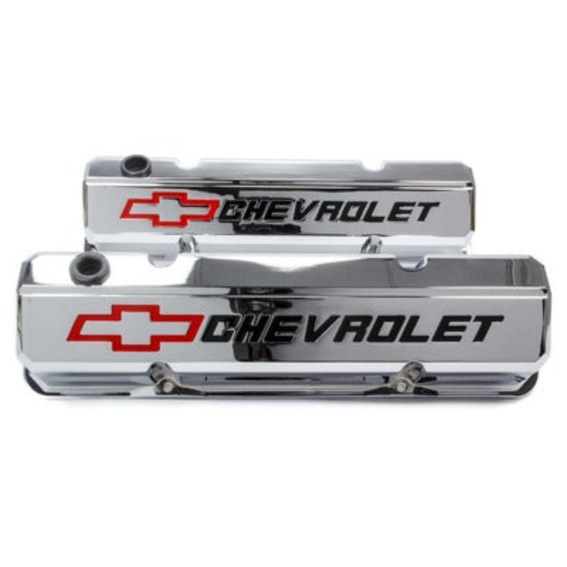 Small Block Chevy (SBC) Slant Edge Chrome Valve Covers Tall Recessed Logo