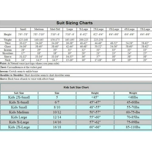 RaceQuip Suits Size Chart