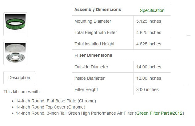 Green Filter Air Cleaner Assembly 2194 Specifications