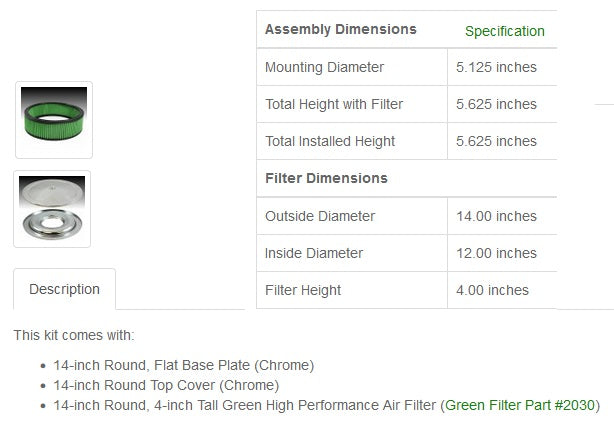 Green Filter Air Cleaner Assembly 2195 Specifications