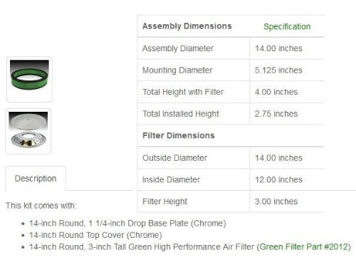 Green Filter Air Cleaner Assembly 14"x3" Drop Base 2343