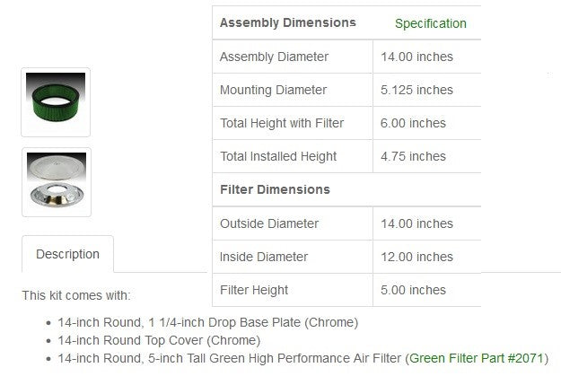 Green Filter Air Cleaner Assembly 2345 Specifications