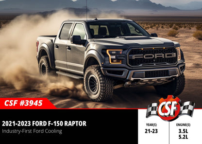 2021-2023 Ford F-150 Raptor driving on a dirt road with CSF logo and product details.