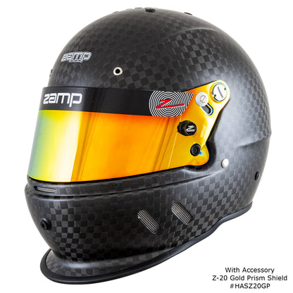 Zamp RZ-67D Dirt Carbon Helmet, SA2025 (Matte Carbon), shown with Z-20 Gold Prism Shield HASZ20GP