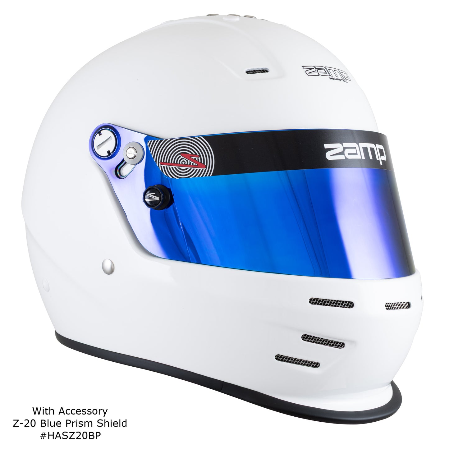 Zamp RZ-38 Helmet, SA-2025 (White), shown with Z-20 Blue Prism Shield