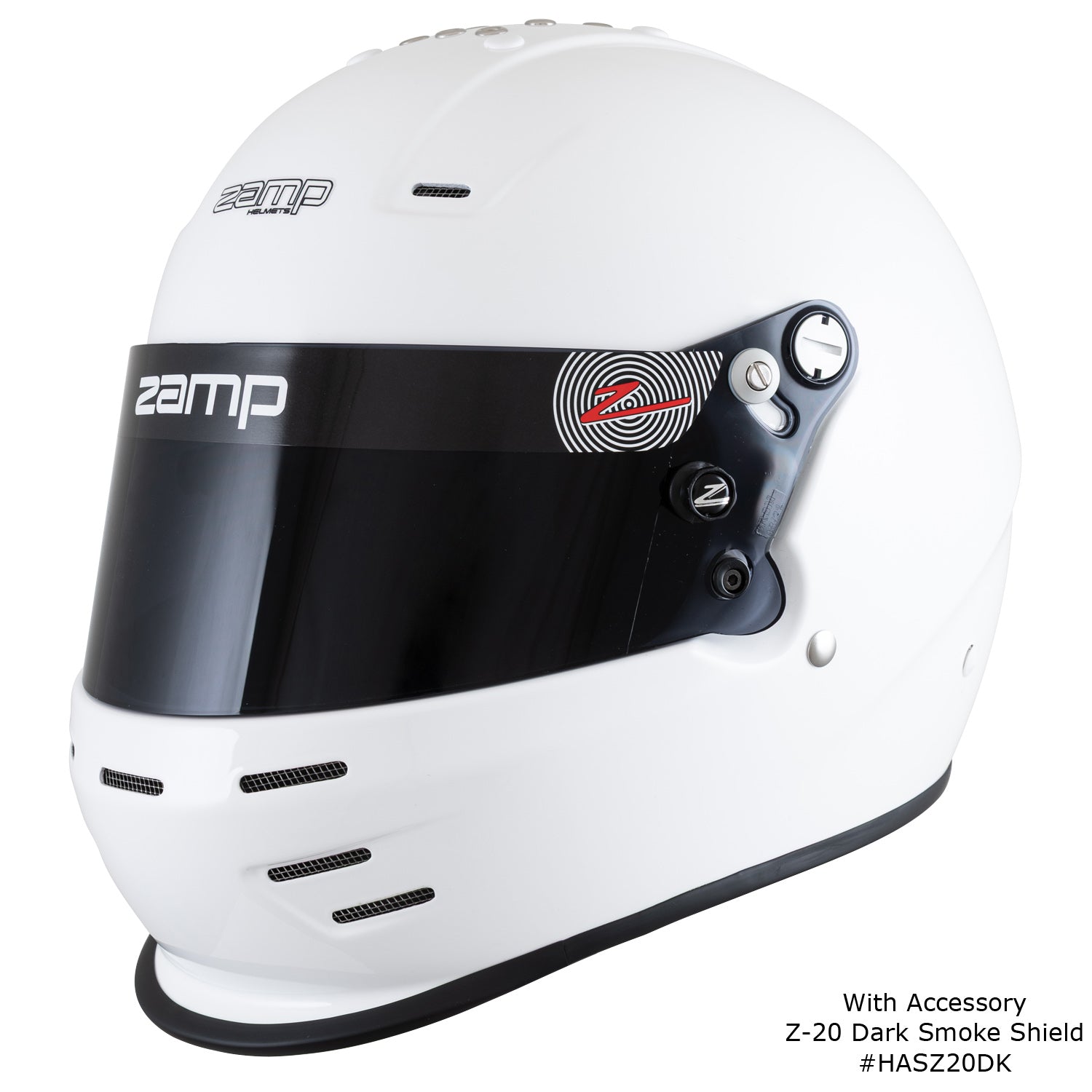 Zamp RZ-38 Helmet, SA-2025 (White), shown with Z-20 Dark Smoke Sheld
