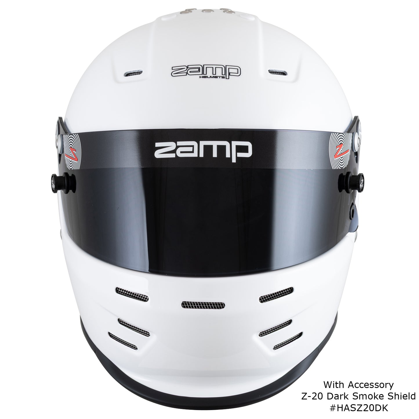 Zamp RZ-38 Helmet, SA-2025 (White), shown with Z-20 Dark Smoke Shield, Front
