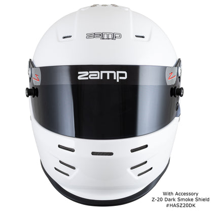 Zamp RZ-38 Helmet, SA-2025 (White), shown with Z-20 Dark Smoke Shield, Front