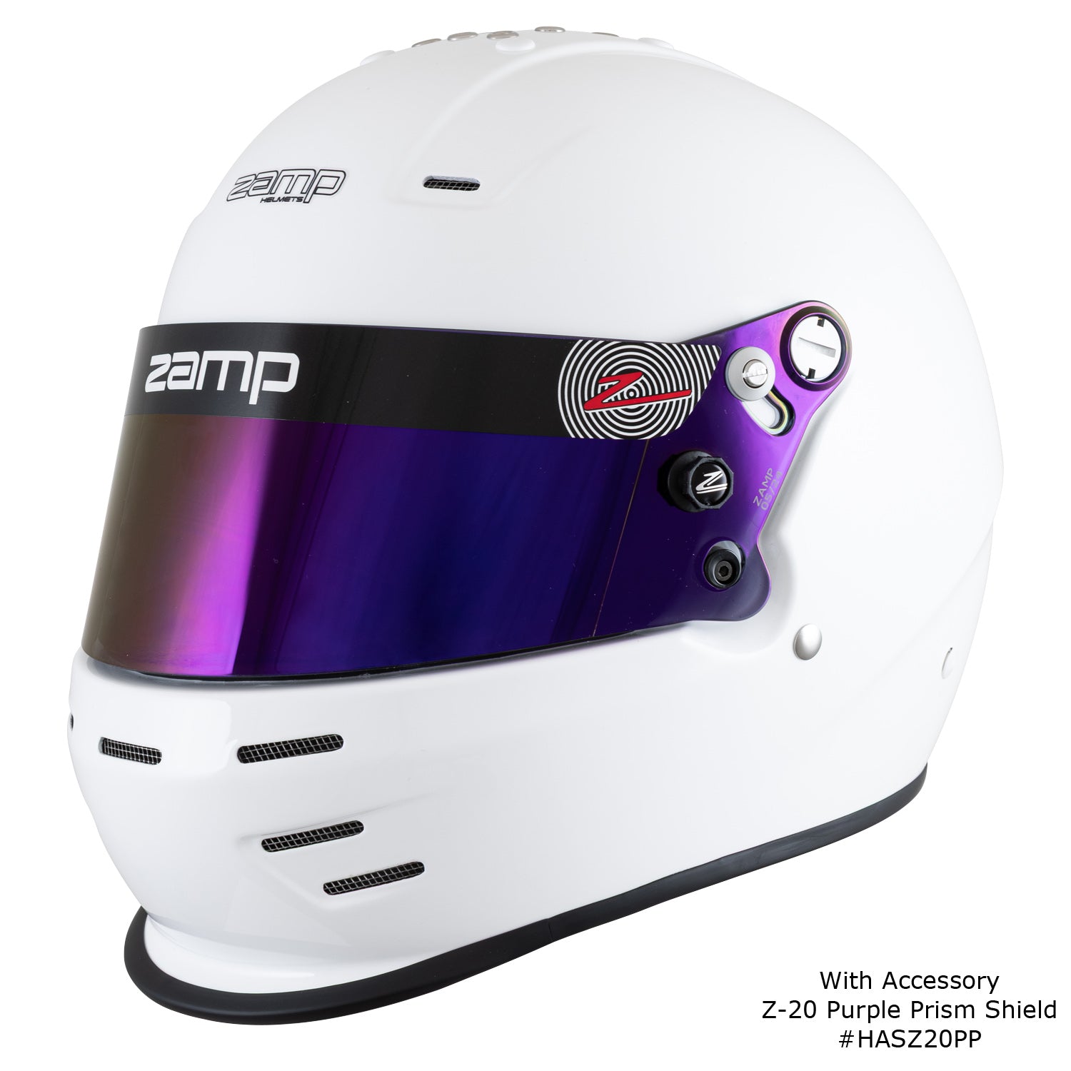 Zamp RZ-38 Helmet, SA-2025 (White), shown with Z-20 Purple Prism Shield