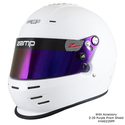 Zamp RZ-38 Helmet, SA-2025 (White), shown with Z-20 Purple Prism Shield