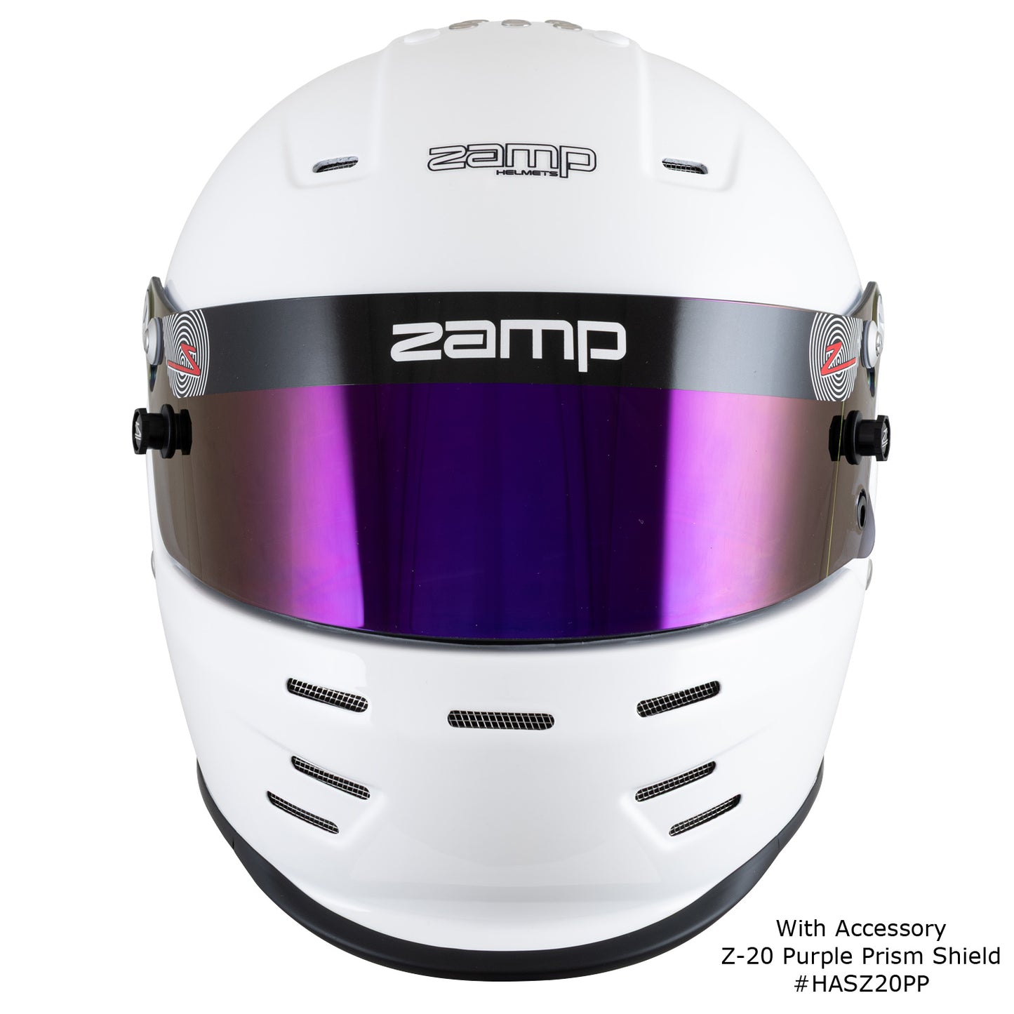 Zamp RZ-38 Helmet, SA-2025 (White), Front, shown with Z-20 Purple Prism Shield