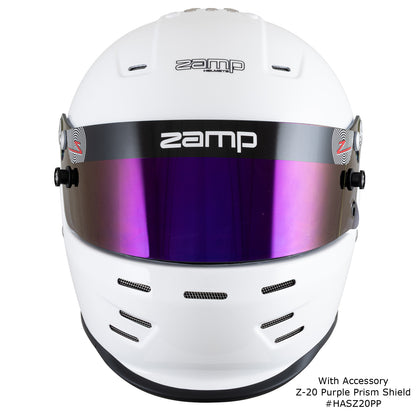 Zamp RZ-38 Helmet, SA-2025 (White), Front, shown with Z-20 Purple Prism Shield