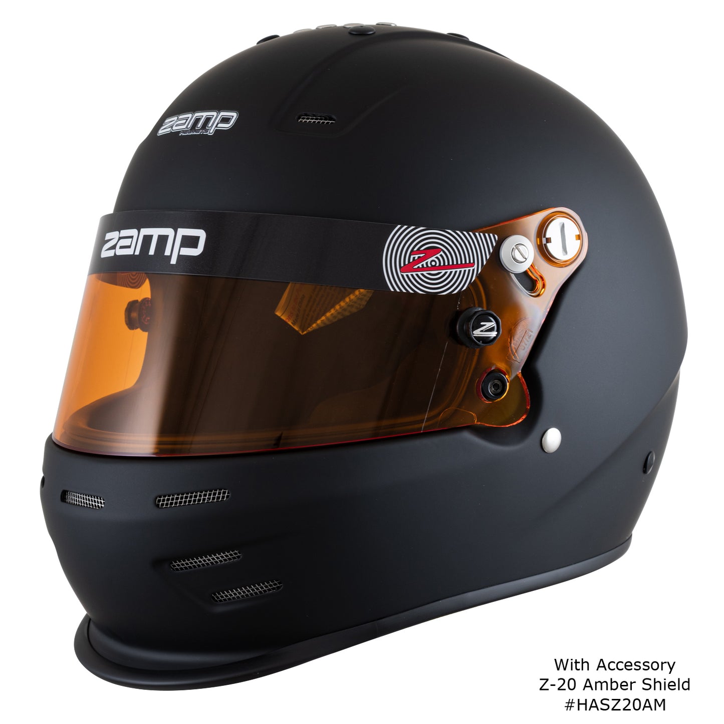 Zamp RZ-38 Helmet, SA-2025 (Matte Black), shown with Z-20 Amber Shield