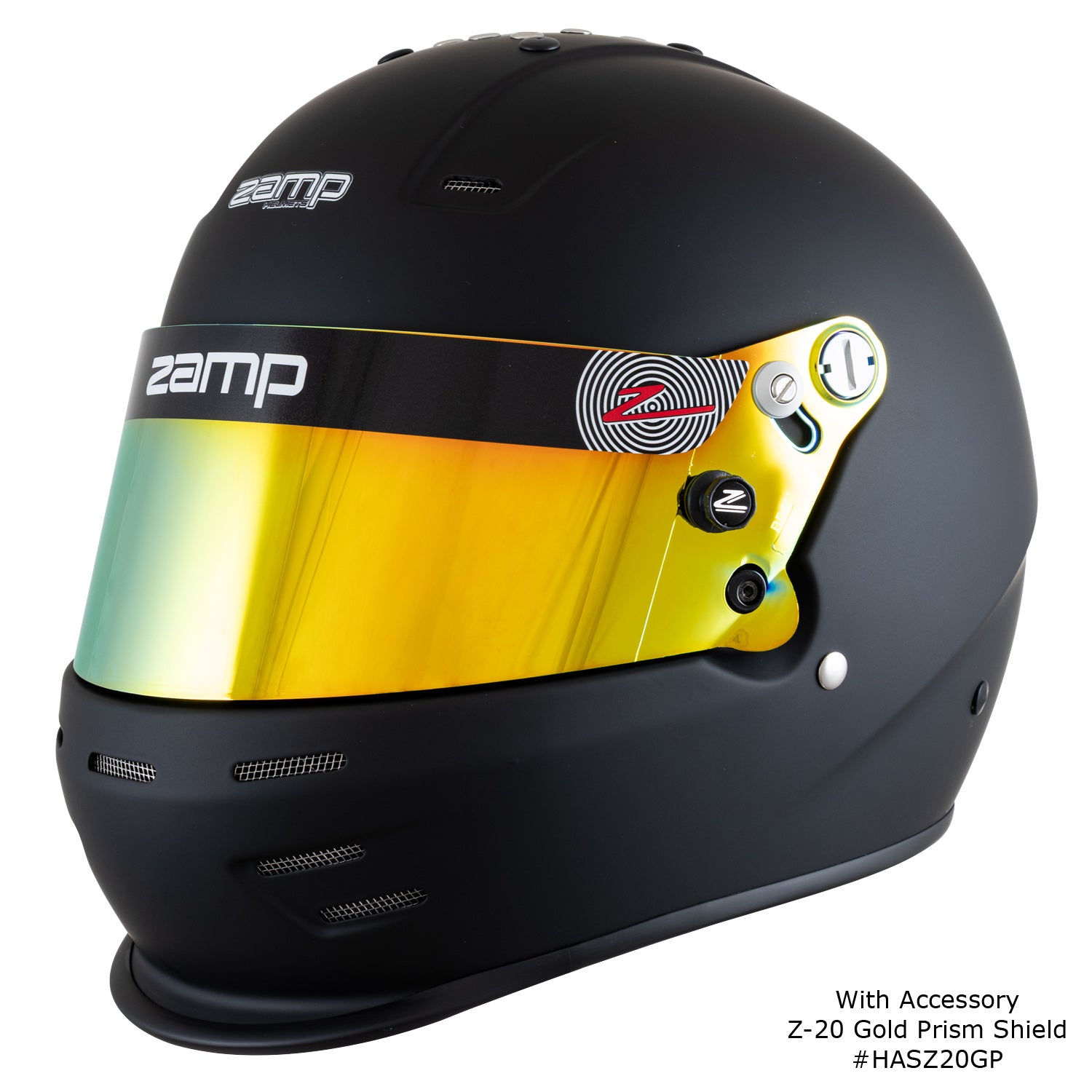 Zamp RZ-38 Helmet, SA-2025 (Matte Black), shown with Z-20 Gold Prism Shield