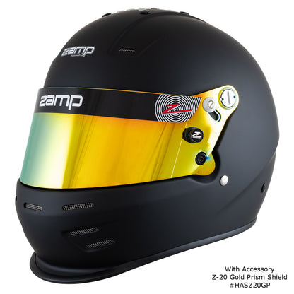 Zamp RZ-38 Helmet, SA-2025 (Matte Black), shown with Z-20 Gold Prism Shield