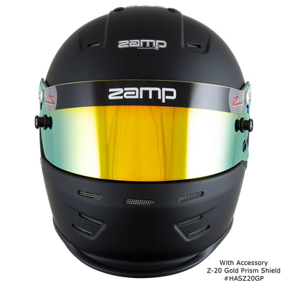 Zamp RZ-38 Helmet, SA-2025 (Matte Black), Front, shown with Z-20 Gold Prism Shield