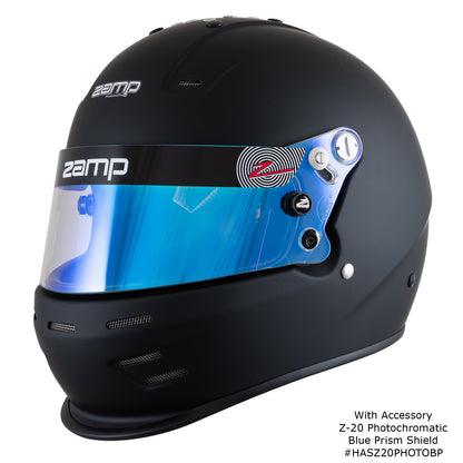 Zamp RZ-38 Helmet, SA-2025 (Matte Black), shown with Z-20 Photochromatic Blue Prism Shield