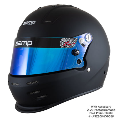 Zamp RZ-38 Helmet, SA-2025 (Matte Black), shown with Z-20 Photochromatic Blue Prism Shield