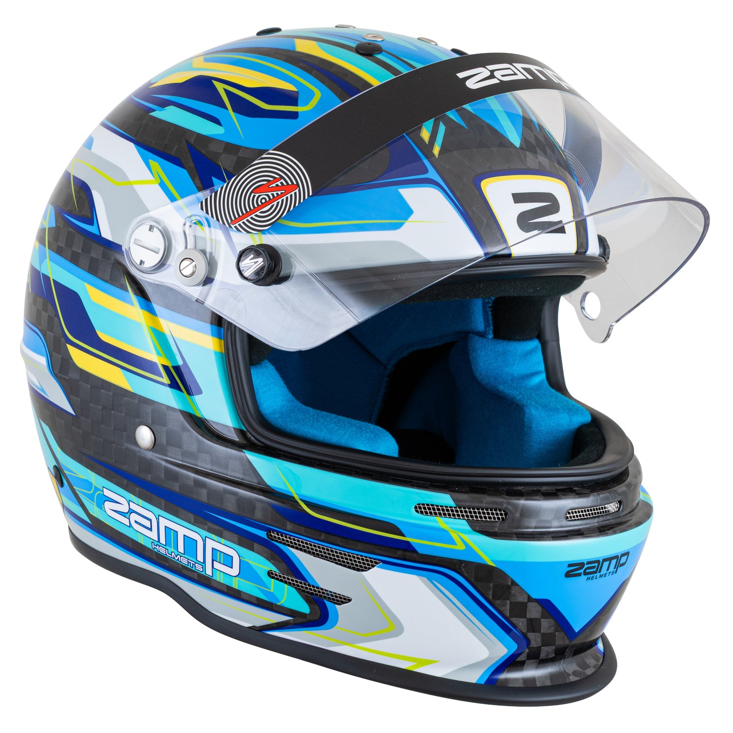 Zamp RZ-48Y Youth Carbon Graphic Helmet (Fluo Blue), Side View Open Shield