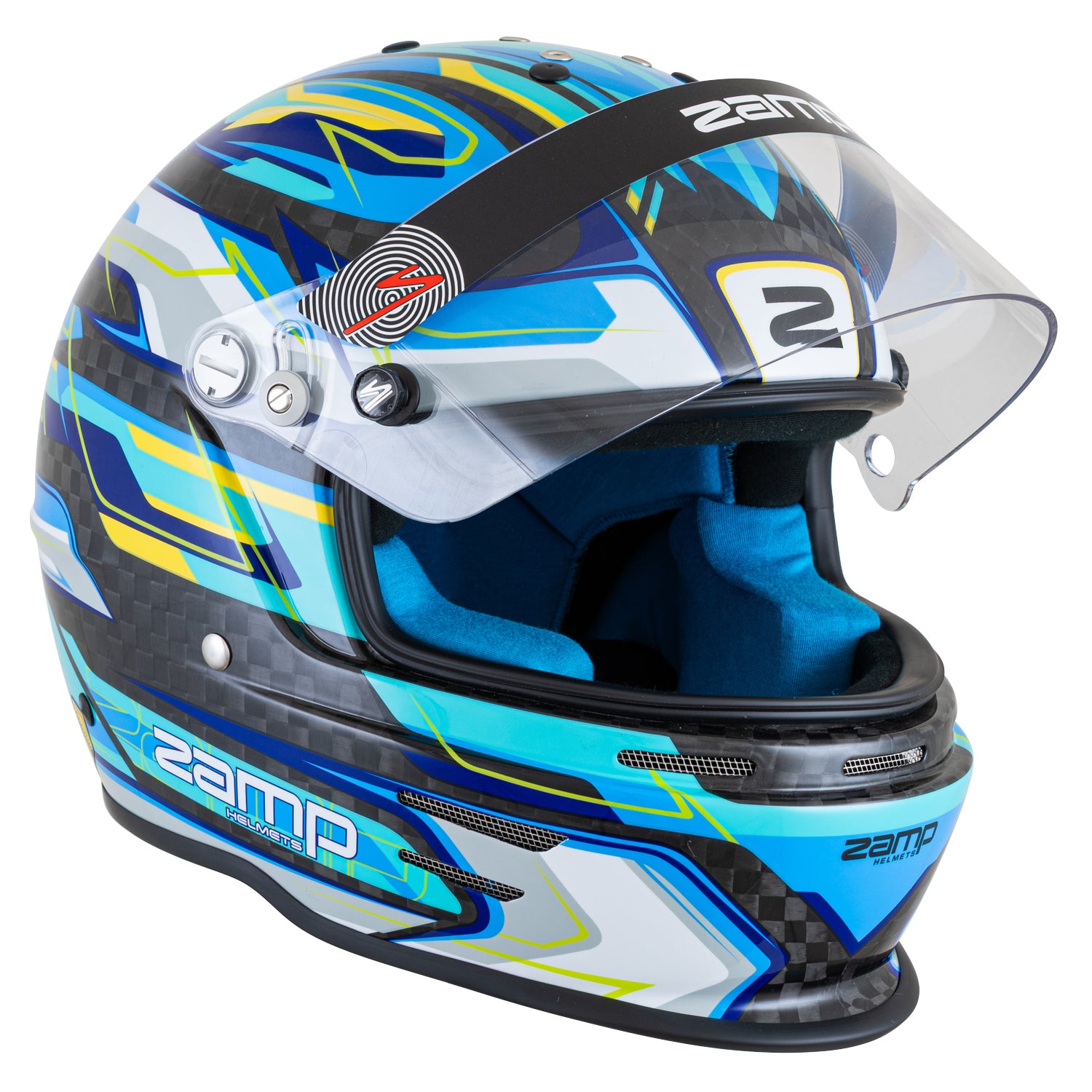 Zamp RZ-48Y Youth Carbon Graphic Helmet (Fluo Blue), Side View Open Shield