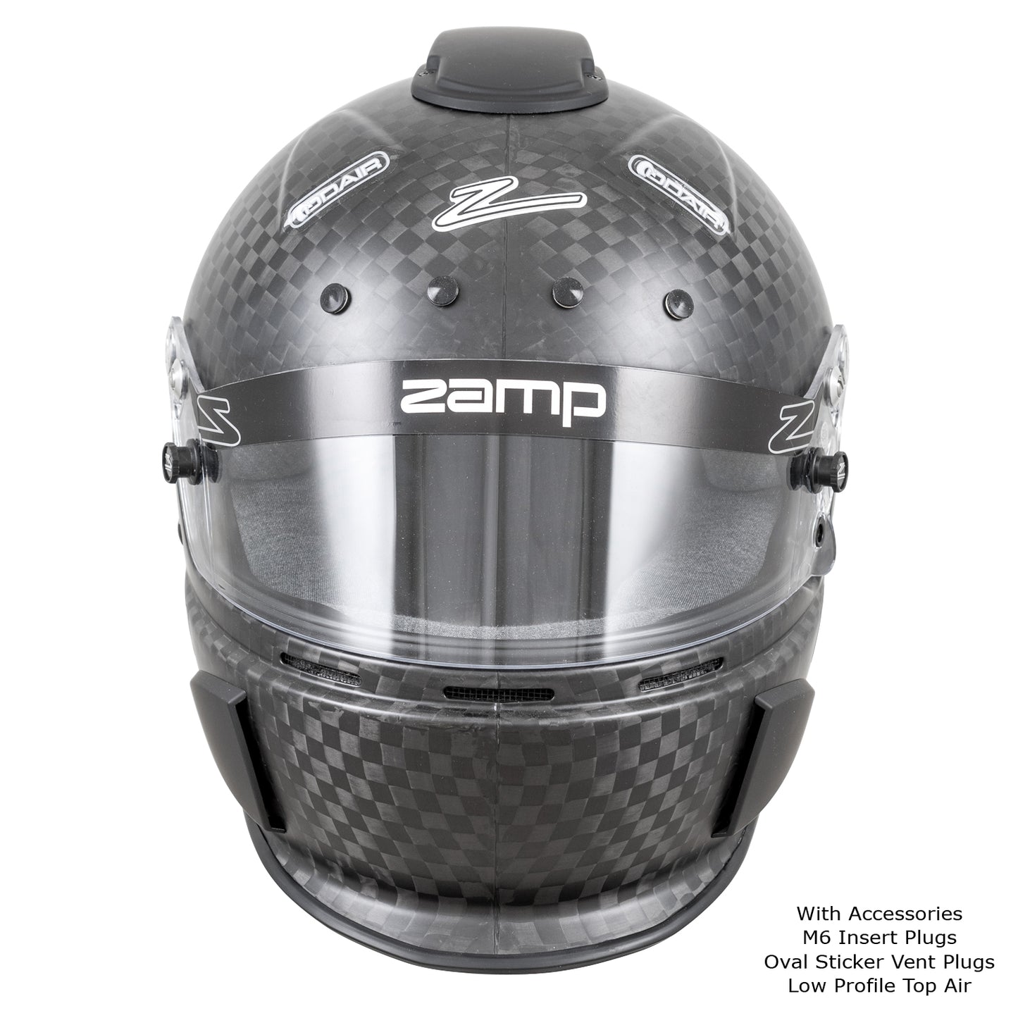 Zamp RZ-88C Gloss Carbon Helmet, FIA 8860-2018 (Front), shown with M6 Insert Plugs, Oval Sticker Vent Plugs and Low Profile Top Air