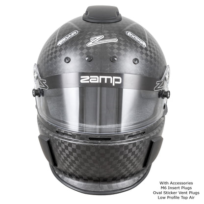 Zamp RZ-88C Gloss Carbon Helmet, FIA 8860-2018 (Front), shown with M6 Insert Plugs, Oval Sticker Vent Plugs and Low Profile Top Air