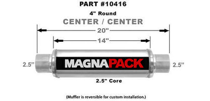 MagnaFlow Stainless Bullet Muffler 2.5" In/Out 10416 (Technical Dimension Diagram)