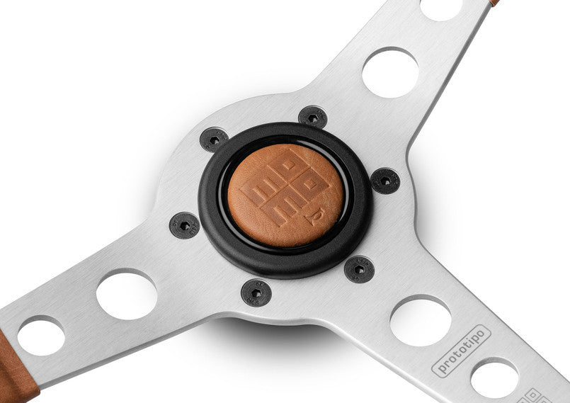 Momo Prototipo Heritage Steering Wheel showing Horn Button and Brushed Aluminum Spokes