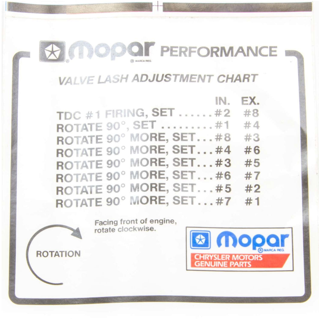 Mopar Valve Lash Adjustment Decal P4452989