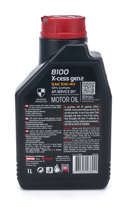 Motul 8100 X-cess Gen2 Synthetic Oil 5W-40 (back label)