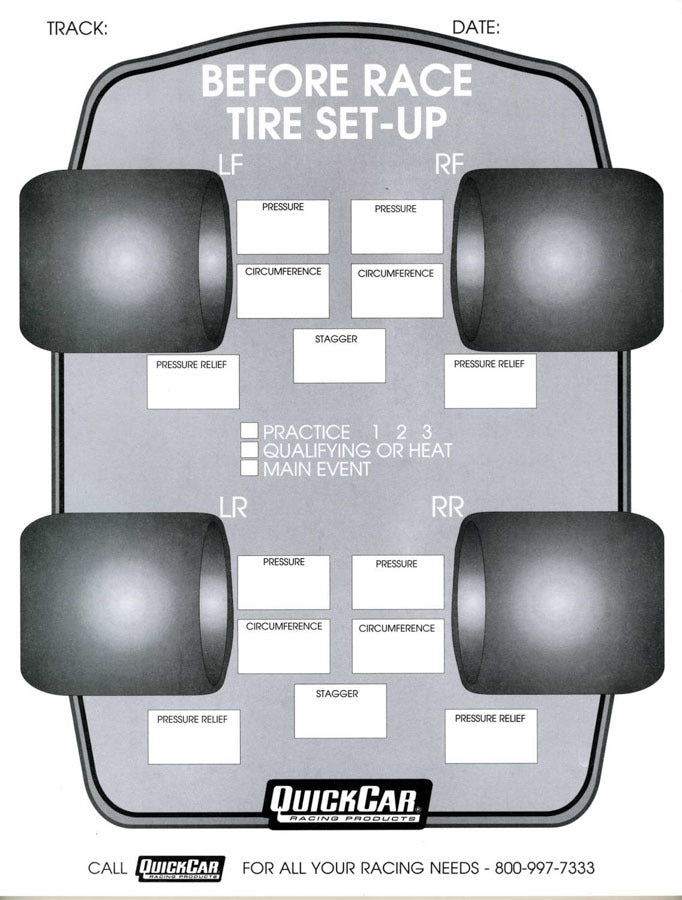 QuickCar Before Race Tire Set-Up Forms (50pk) 51-210