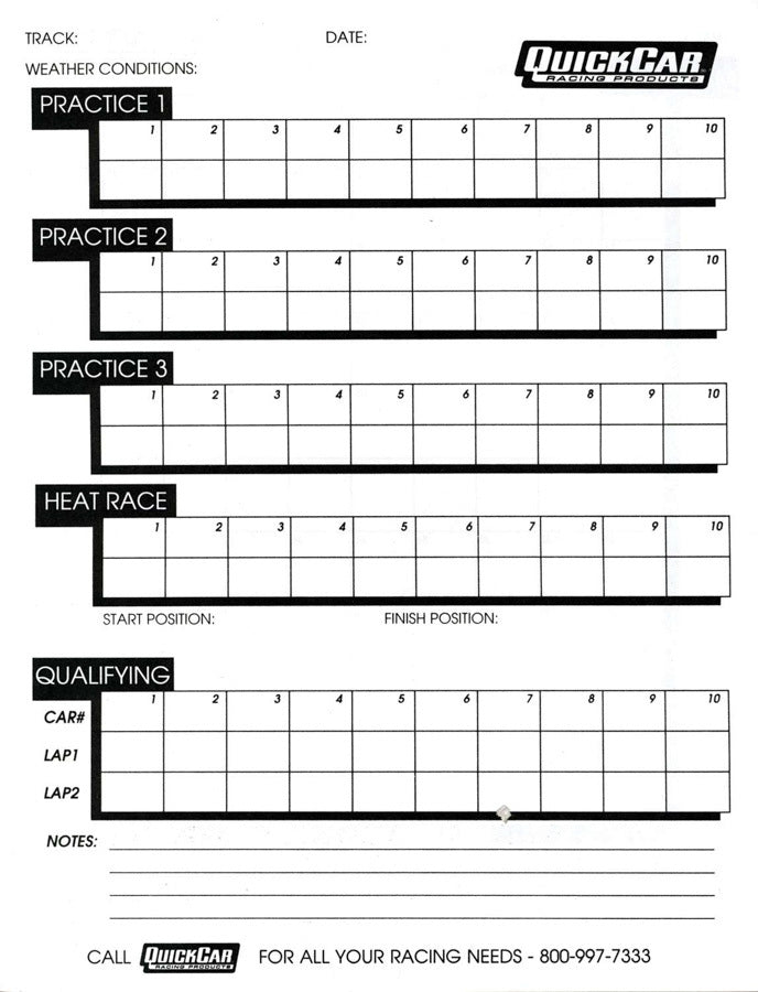 QuickCar Time Organizer Sheets 100 Lap (50pk) 51-235